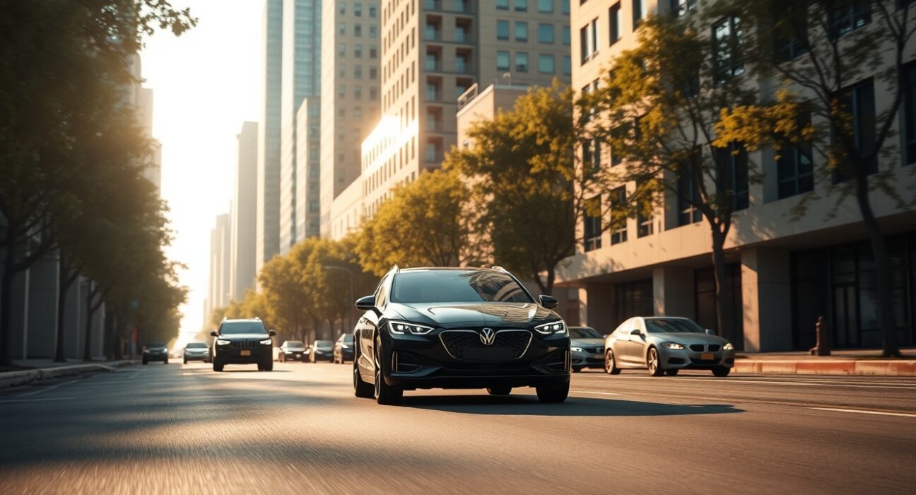 Car driving on a photorealistic AI-generated urban street in morning light