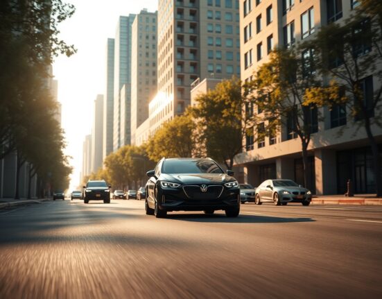 Car driving on a photorealistic AI-generated urban street in morning light