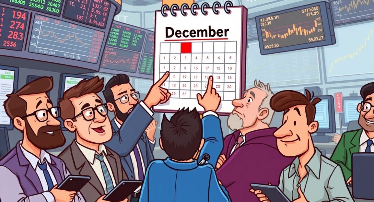 Cartoon illustration of traders analyzing the December Fed rate cut probability in a vibrant financial scene.