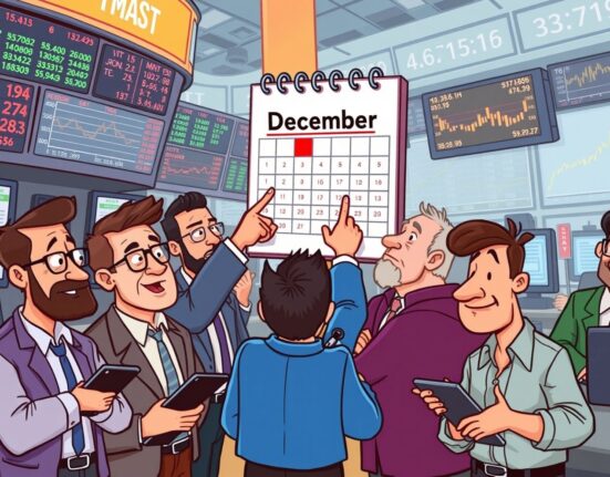 Cartoon illustration of traders analyzing the December Fed rate cut probability in a vibrant financial scene.