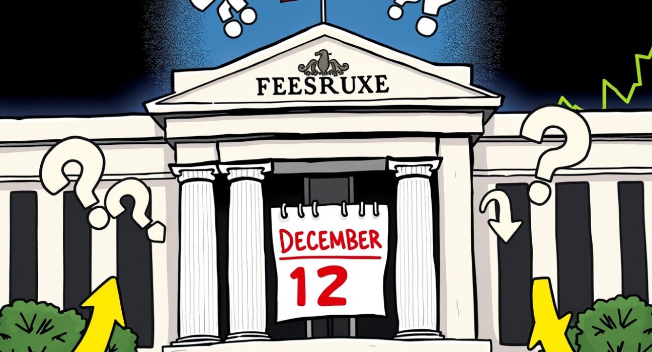 December Fed rate cut probability declining shown through concerned Federal Reserve building illustration