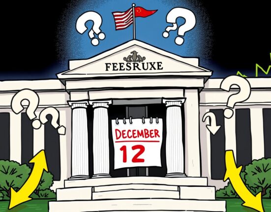 December Fed rate cut probability declining shown through concerned Federal Reserve building illustration