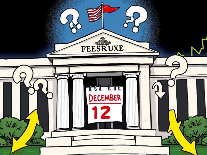 December Fed rate cut probability declining shown through concerned Federal Reserve building illustration