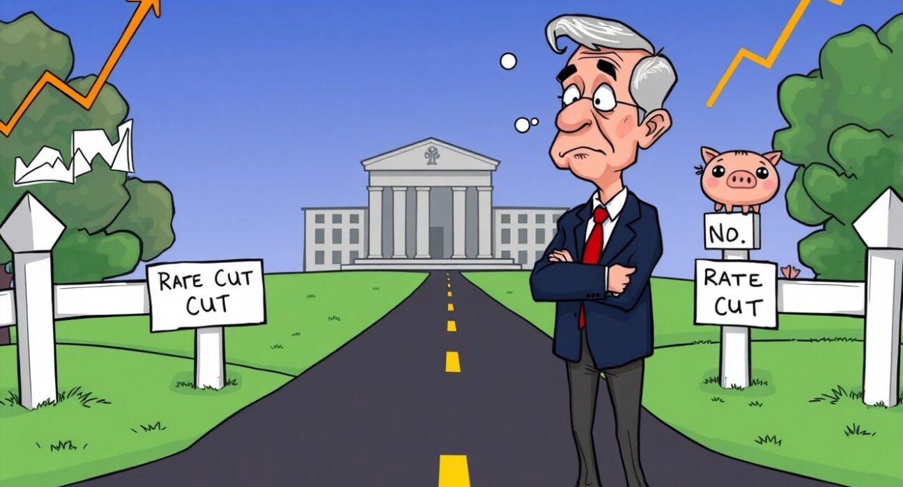 Cartoon illustration showing Jerome Powell's uncertainty regarding a potential December rate cut and its economic implications.