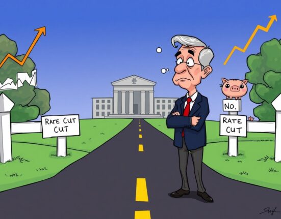 Cartoon illustration showing Jerome Powell's uncertainty regarding a potential December rate cut and its economic implications.