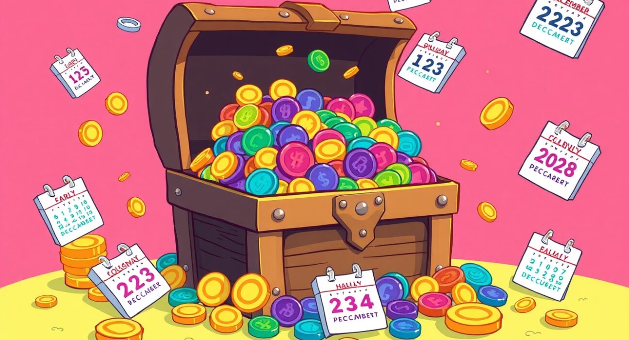 Essential token unlocks visualized as a treasure chest overflowing with digital assets in vibrant cartoon style