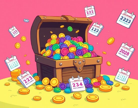 Essential token unlocks visualized as a treasure chest overflowing with digital assets in vibrant cartoon style
