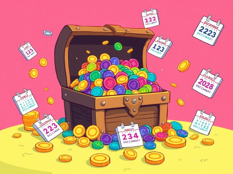 Essential token unlocks visualized as a treasure chest overflowing with digital assets in vibrant cartoon style