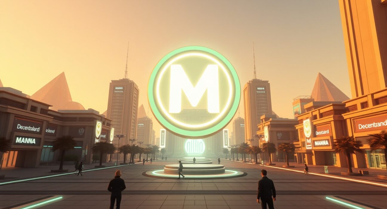 Futuristic Decentraland metaverse cityscape with a glowing MANA token symbol in the sky, representing virtual real estate and cryptocurrency.