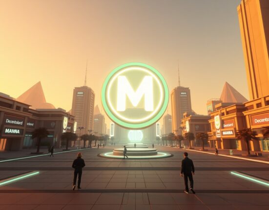 Futuristic Decentraland metaverse cityscape with a glowing MANA token symbol in the sky, representing virtual real estate and cryptocurrency.