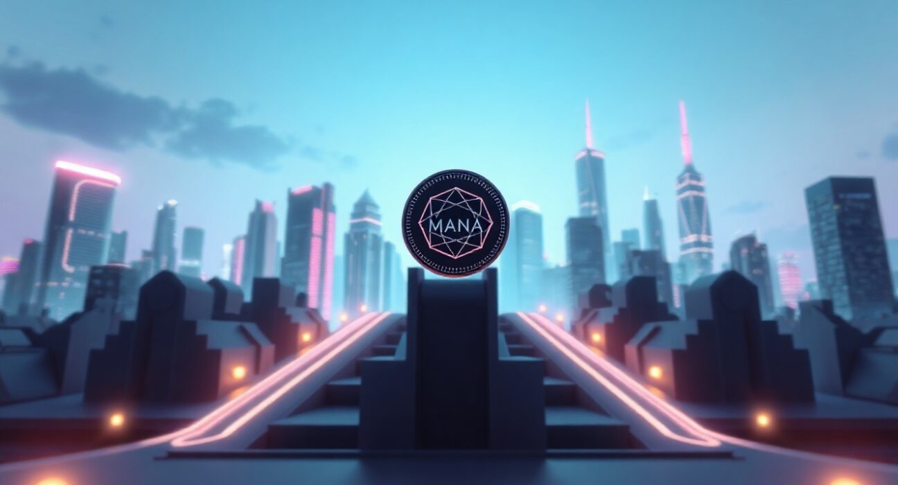 Futuristic Decentraland virtual cityscape with MANA token symbol at dusk
