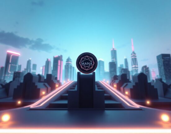Futuristic Decentraland virtual cityscape with MANA token symbol at dusk