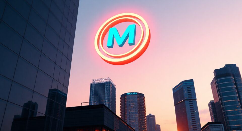 Decentraland MANA token symbol floating above a futuristic city skyline at twilight