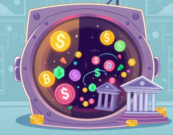 A vibrant cartoon illustrating a decentralized clearinghouse for stablecoins facilitating seamless, fee-free digital asset flow.