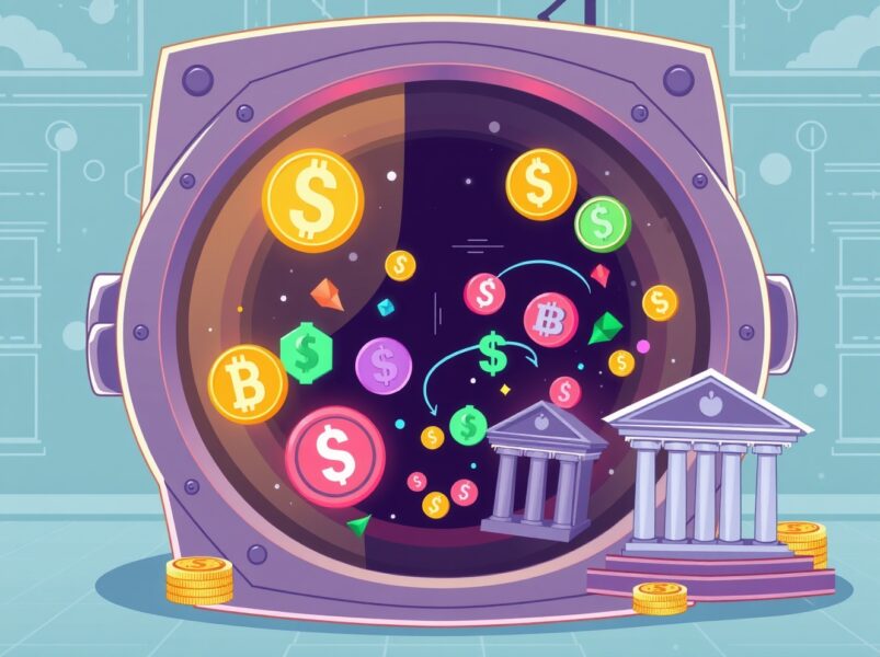 A vibrant cartoon illustrating a decentralized clearinghouse for stablecoins facilitating seamless, fee-free digital asset flow.