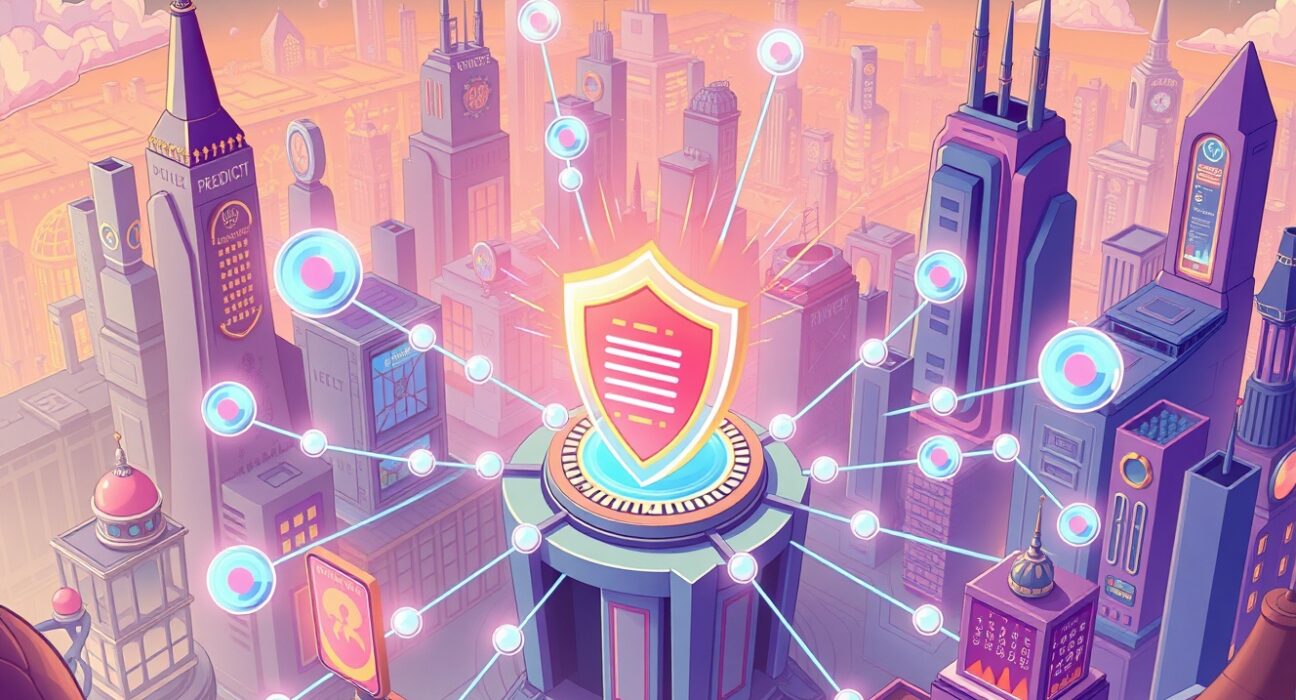 Decentralized oracles protecting prediction markets from manipulation in a vibrant cartoon illustration