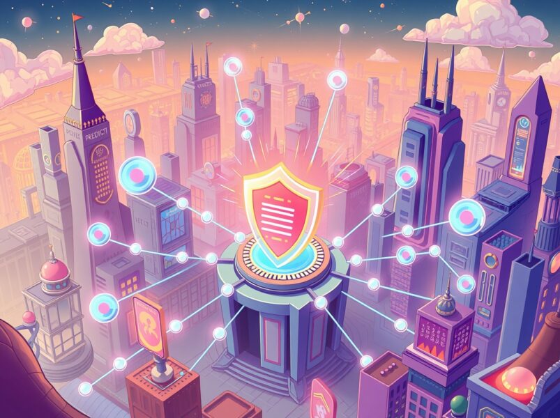Decentralized oracles protecting prediction markets from manipulation in a vibrant cartoon illustration