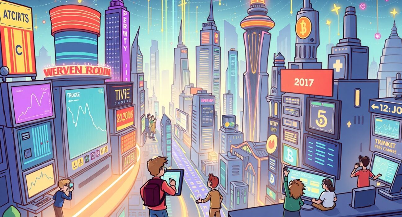 Cartoon showing rapid growth and innovation within decentralized perpetual futures exchanges, signaling a new era.