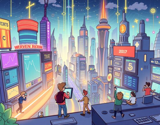 Cartoon showing rapid growth and innovation within decentralized perpetual futures exchanges, signaling a new era.