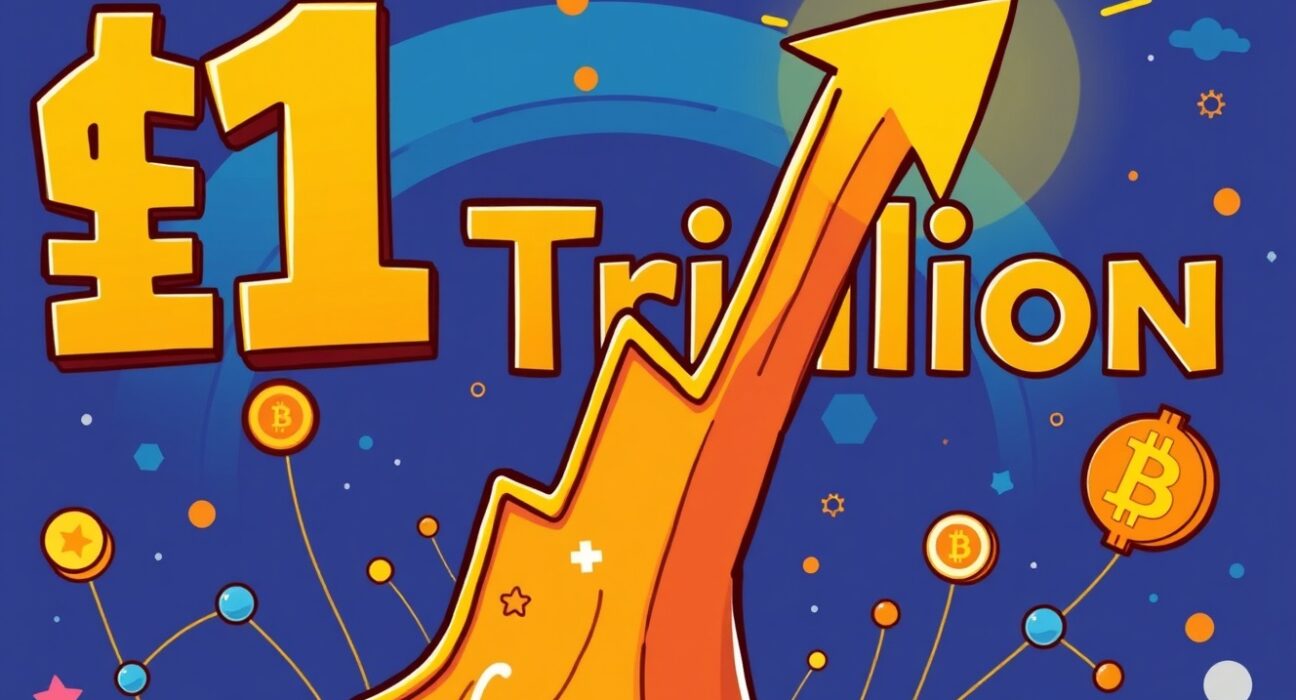 A cartoon illustration showing massive growth in decentralized perpetuals trading volume, symbolizing the market reaching $1 trillion.