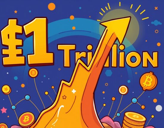 A cartoon illustration showing massive growth in decentralized perpetuals trading volume, symbolizing the market reaching $1 trillion.