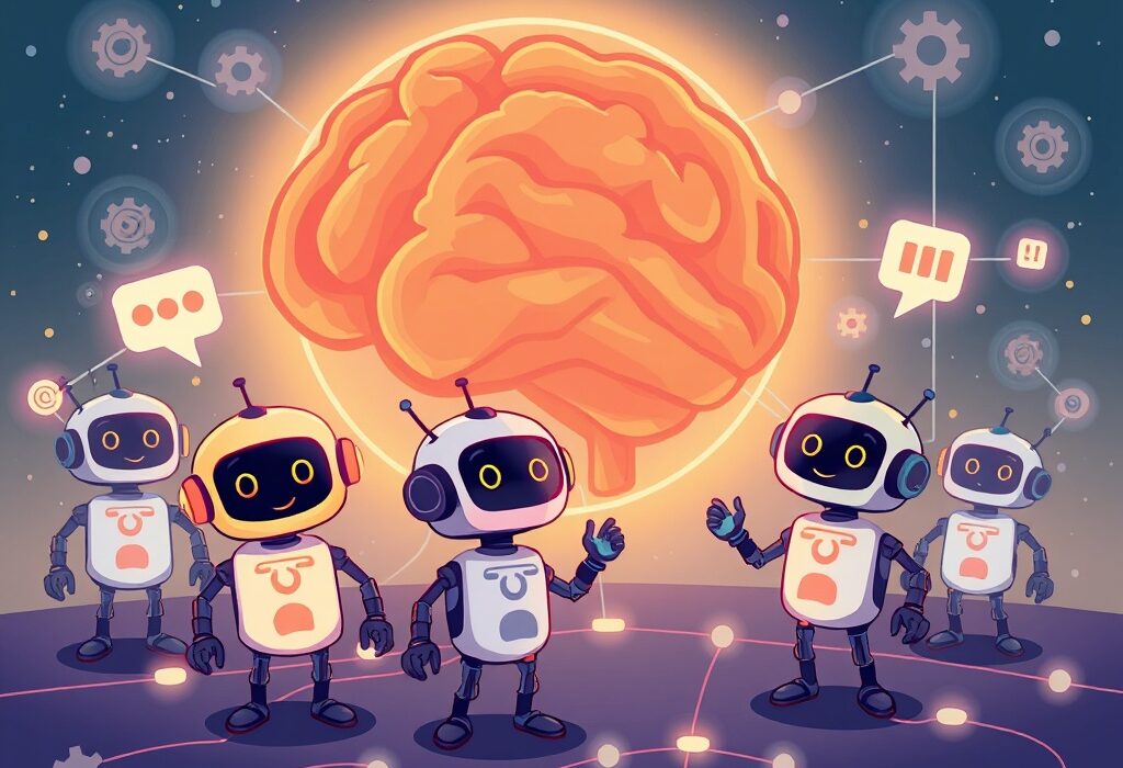 A vibrant cartoon illustration showing robots communicating globally via a decentralized robotics OS, symbolizing innovation and connectivity.