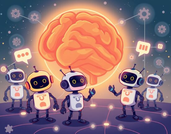 A vibrant cartoon illustration showing robots communicating globally via a decentralized robotics OS, symbolizing innovation and connectivity.