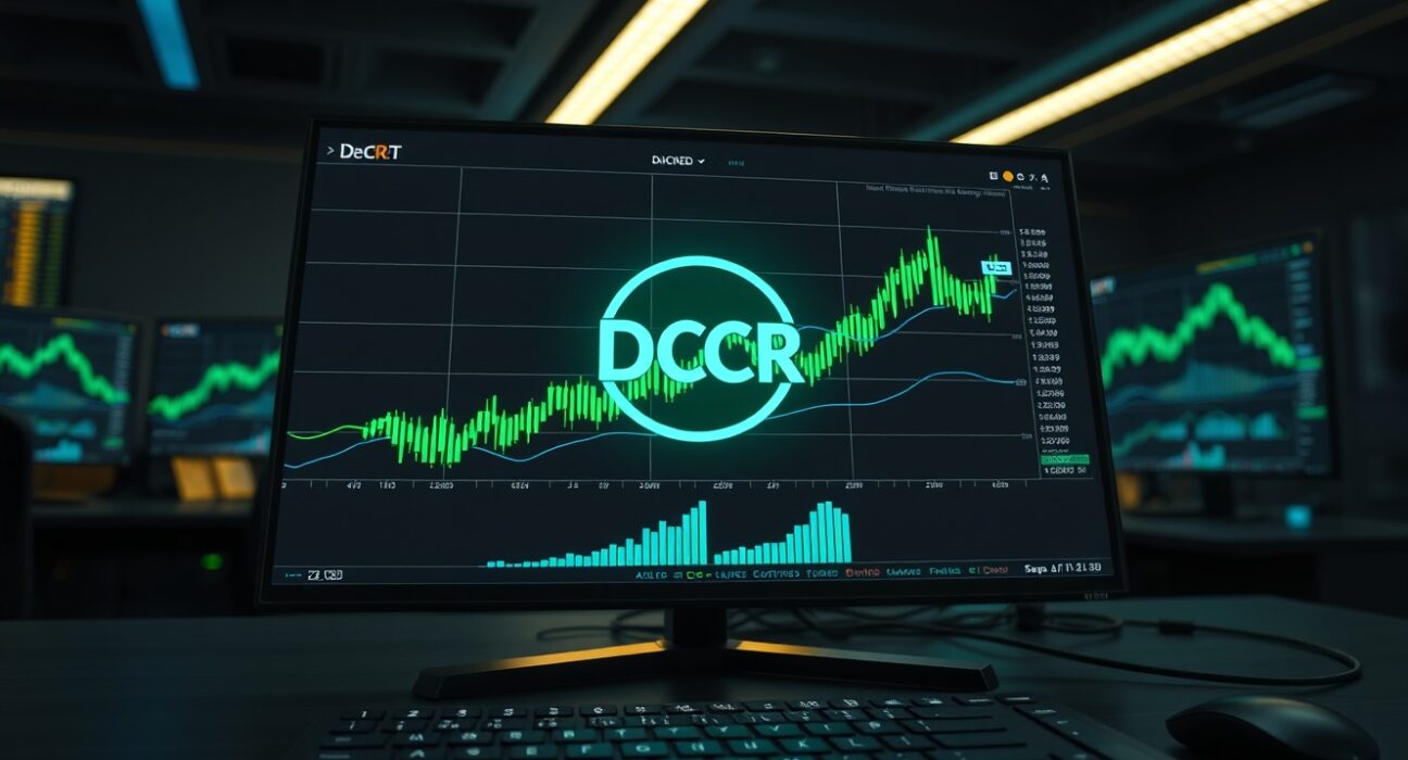 Digital trading dashboard with Decred (DCR) logo and upward-trending price charts