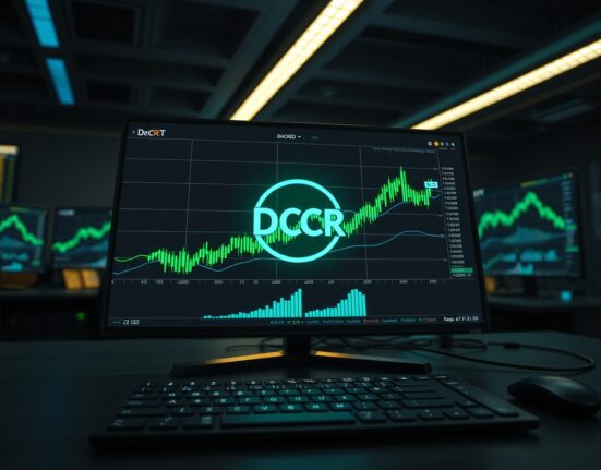 Digital trading dashboard with Decred (DCR) logo and upward-trending price charts