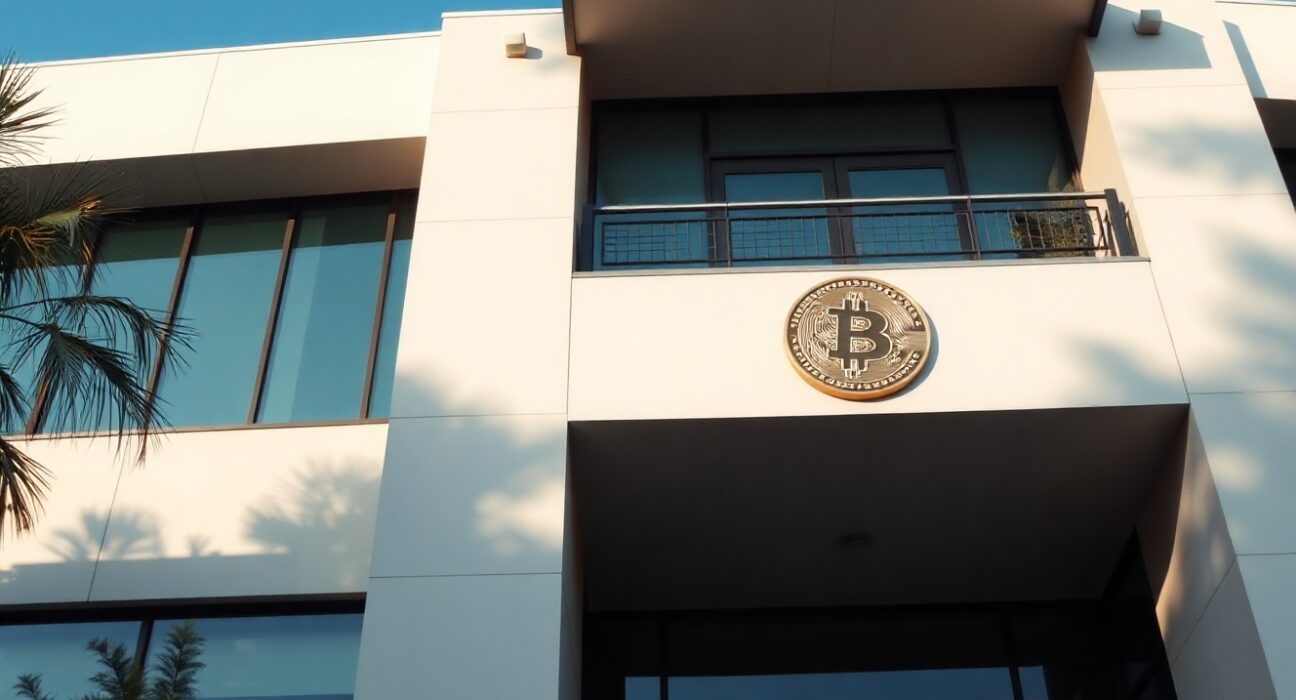 Modern financial building in San Salvador with Bitcoin symbol representing regulatory approval for crypto services.