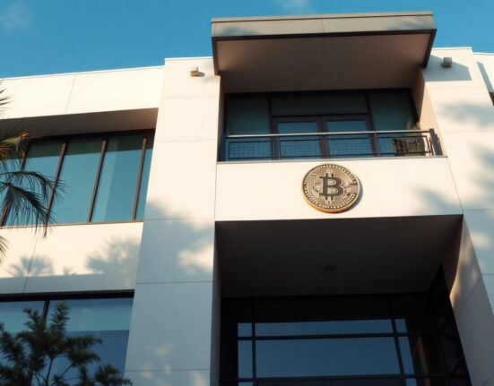 Modern financial building in San Salvador with Bitcoin symbol representing regulatory approval for crypto services.