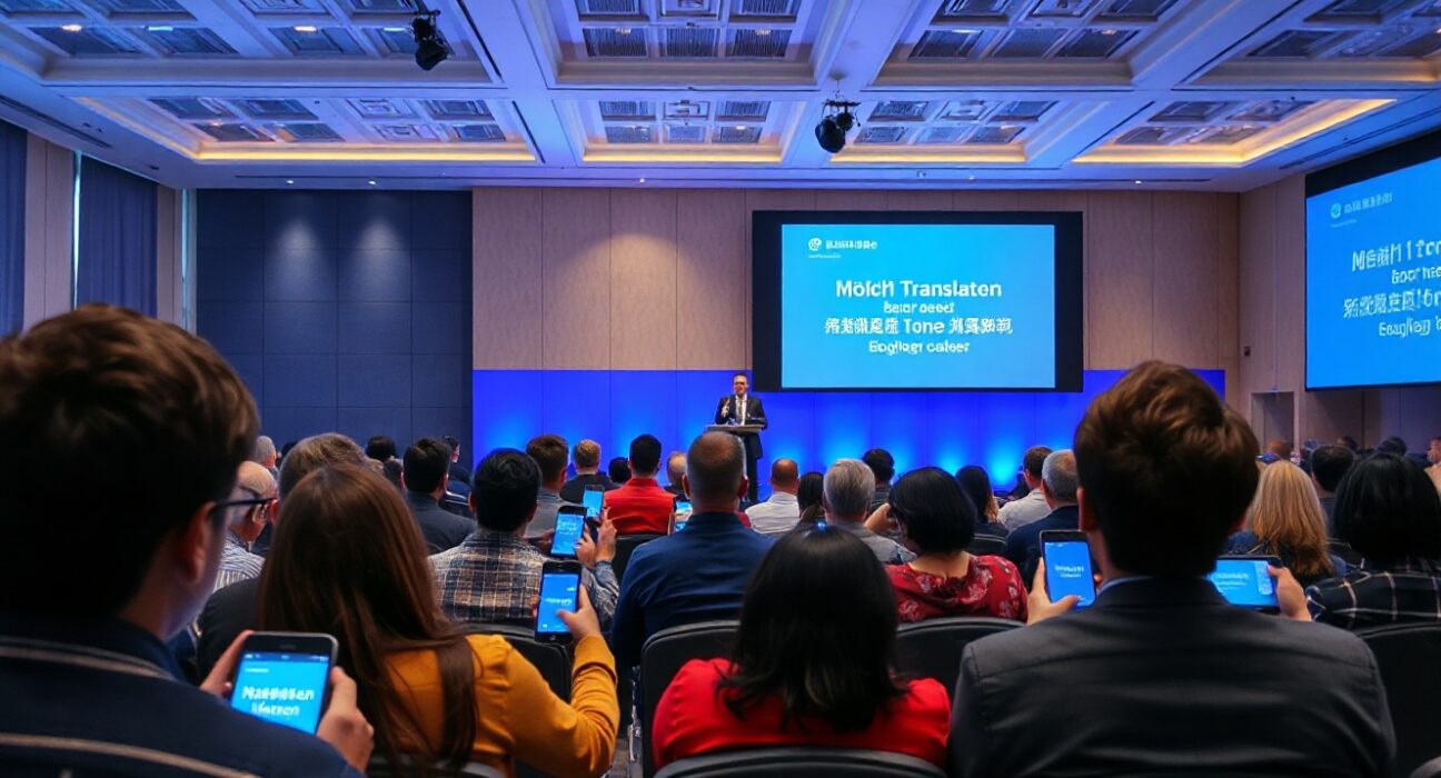Conference attendees using smartphones for live translation during a keynote speech