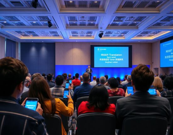 Conference attendees using smartphones for live translation during a keynote speech