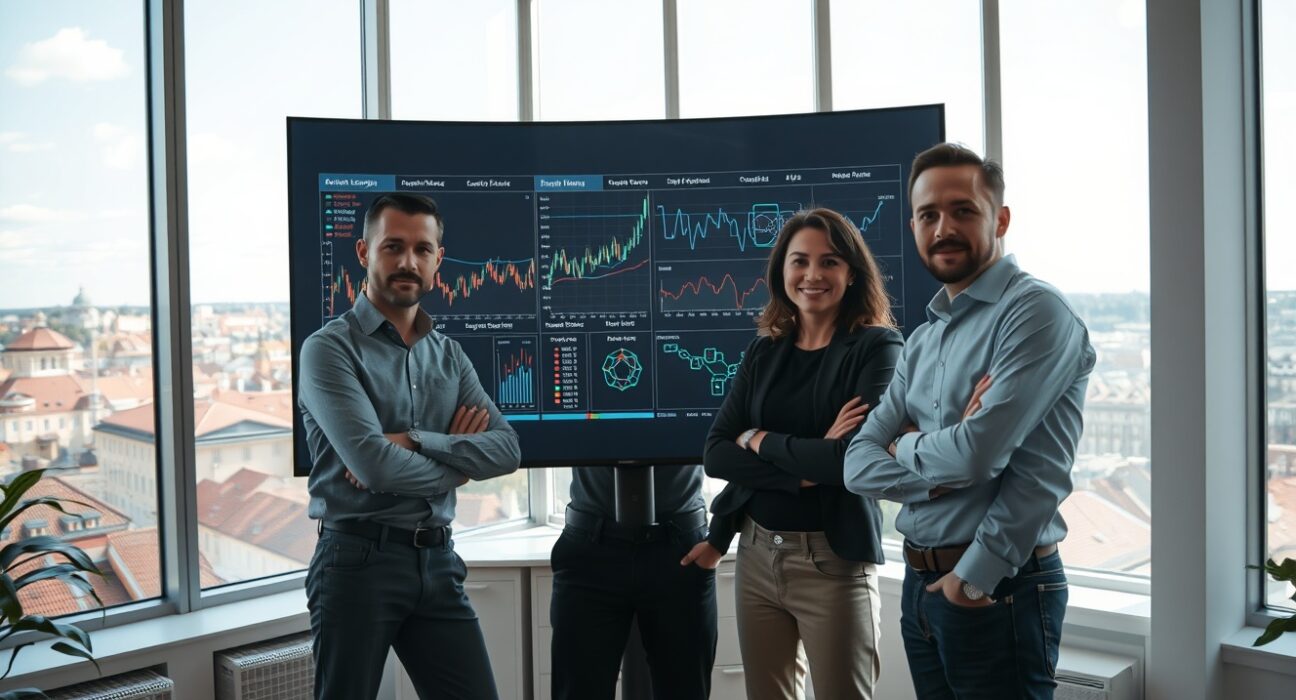 DeepMind alumni researchers in Prague AI lab reviewing stock trading reinforcement learning models