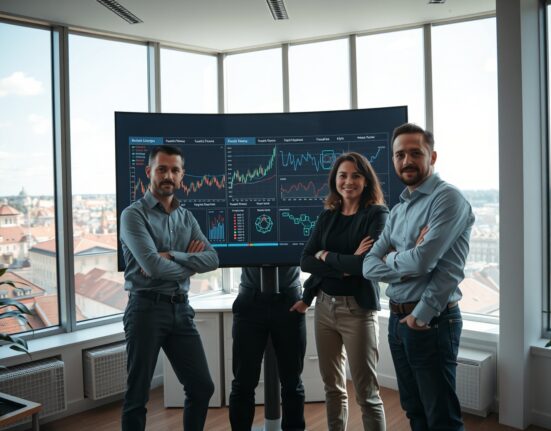 DeepMind alumni researchers in Prague AI lab reviewing stock trading reinforcement learning models