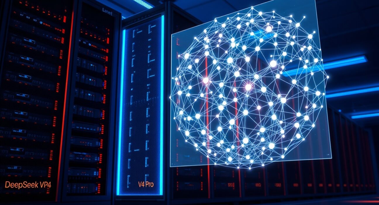 DeepSeek V4 Pro server rack with holographic neural network display in a data center, representing the new AI model launch.