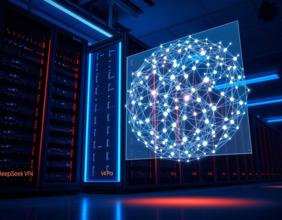 DeepSeek V4 Pro server rack with holographic neural network display in a data center, representing the new AI model launch.