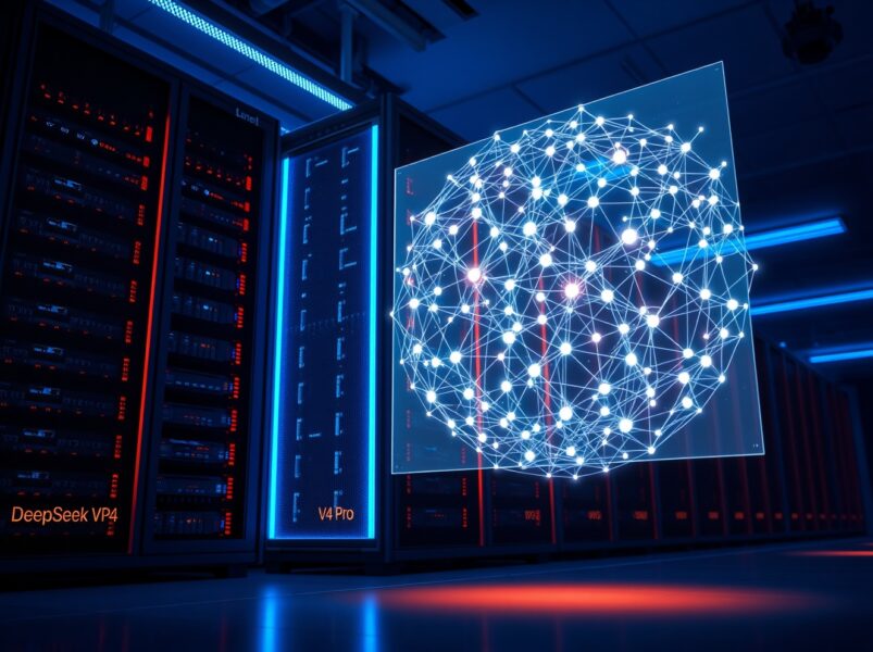 DeepSeek V4 Pro server rack with holographic neural network display in a data center, representing the new AI model launch.