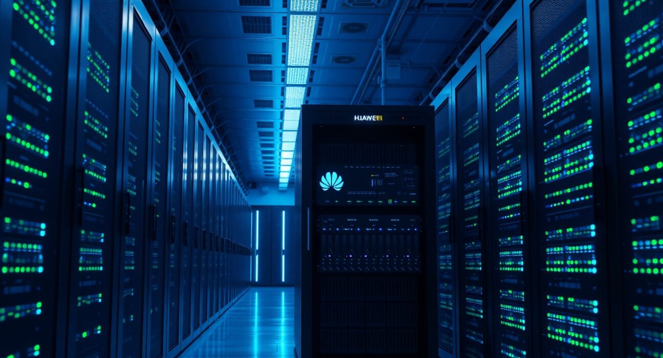 Interior of a modern data center with rows of server racks, representing DeepSeek's AI infrastructure.