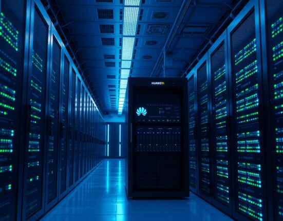 Interior of a modern data center with rows of server racks, representing DeepSeek's AI infrastructure.