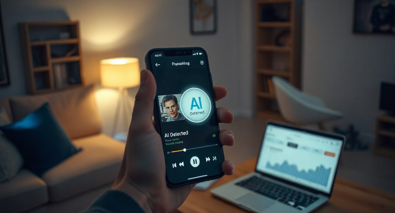 Person holding smartphone showing streaming playlist with AI-generated music detection warning