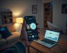 Person holding smartphone showing streaming playlist with AI-generated music detection warning