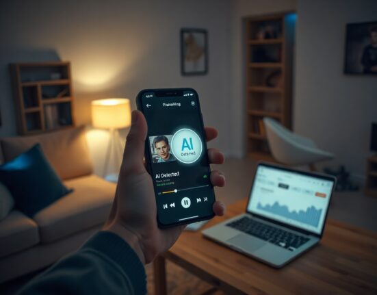 Person holding smartphone showing streaming playlist with AI-generated music detection warning