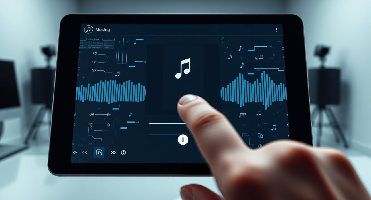 Smartphone displaying a music streaming app with AI-generated track detection and warning icon.