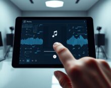 Smartphone displaying a music streaming app with AI-generated track detection and warning icon.
