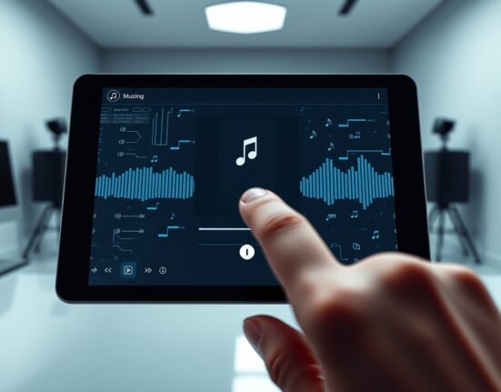 Smartphone displaying a music streaming app with AI-generated track detection and warning icon.