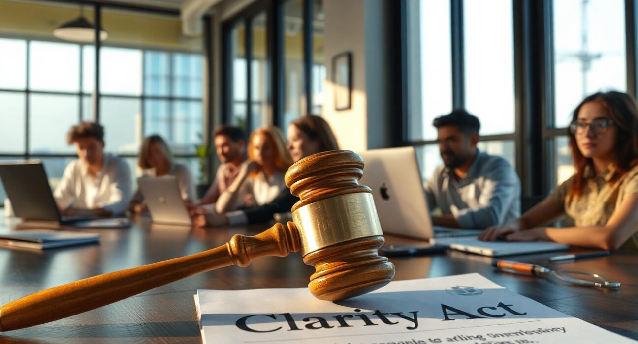 Crypto developers working in a modern office with a gavel and Clarity Act document in foreground
