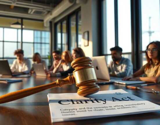 Crypto developers working in a modern office with a gavel and Clarity Act document in foreground