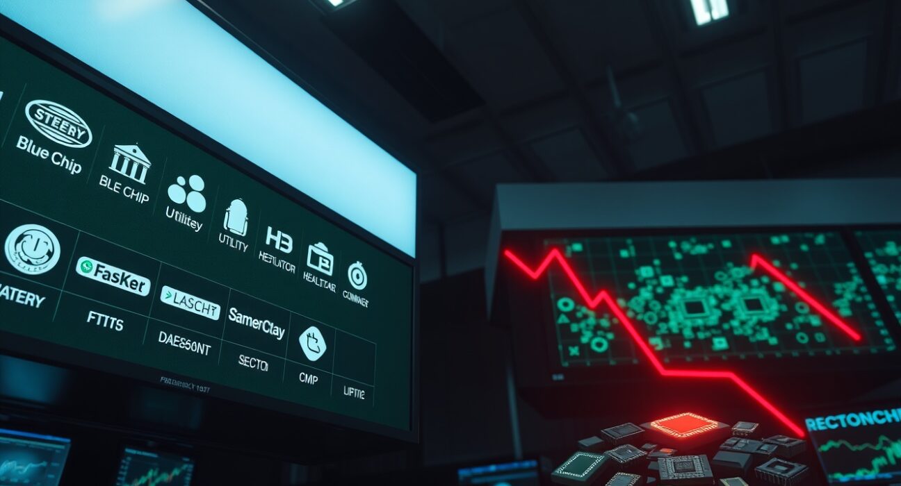 Trading floor monitors show defensive sector gains and semiconductor stock declines, illustrating market rotation.