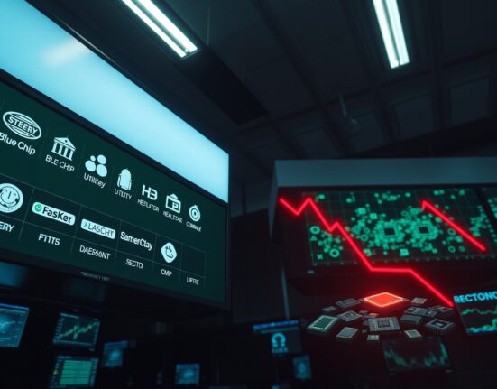Trading floor monitors show defensive sector gains and semiconductor stock declines, illustrating market rotation.